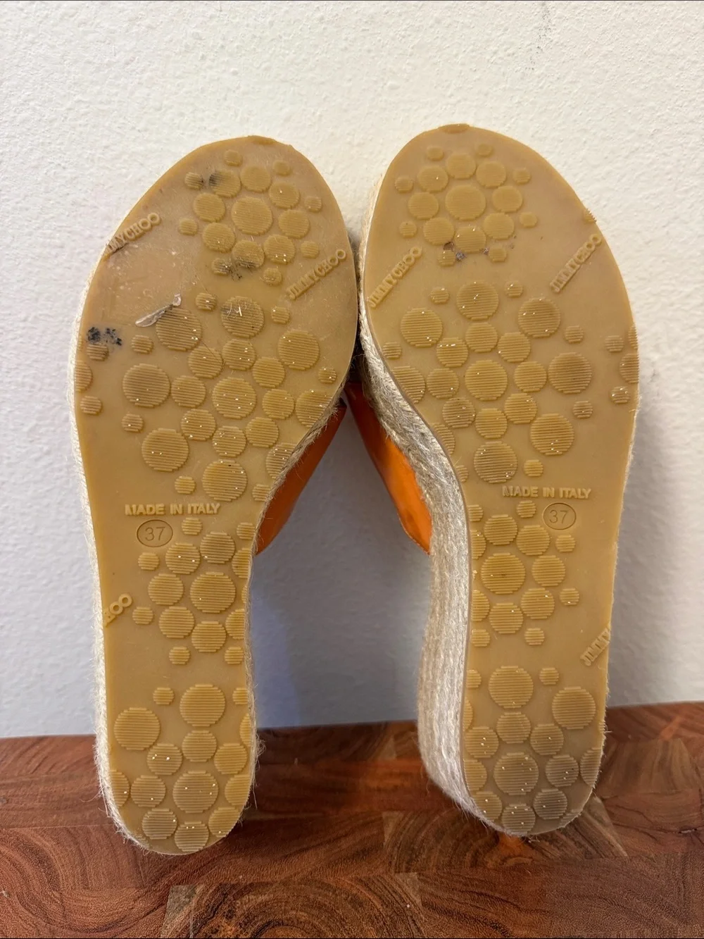 Jimmy Choo Phyllis Wedge Espadrille Orange Patent Leather Sandal Size 37 US 7